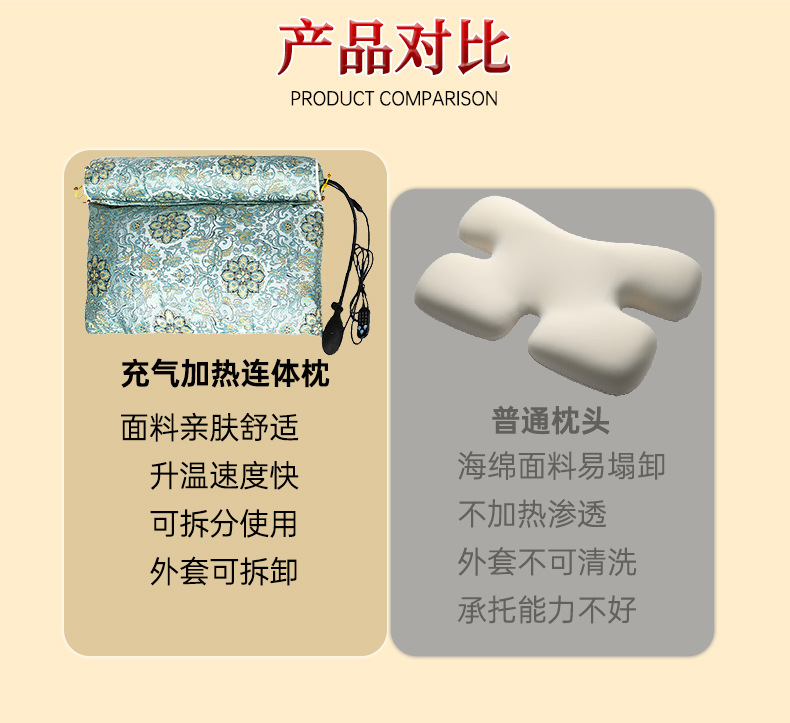 电加热艾草连体枕按摩颈椎枕充气加热艾绒枕高低可调护颈艾草枕头